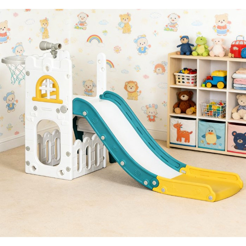 5 - en 1, toboggan, cerceau, rangement, télescope, dispositif d'escalade, 1 3 ans, polypropylène, glissade jaune blanc avec options de jeu intérieures: télescope et escalade, ans