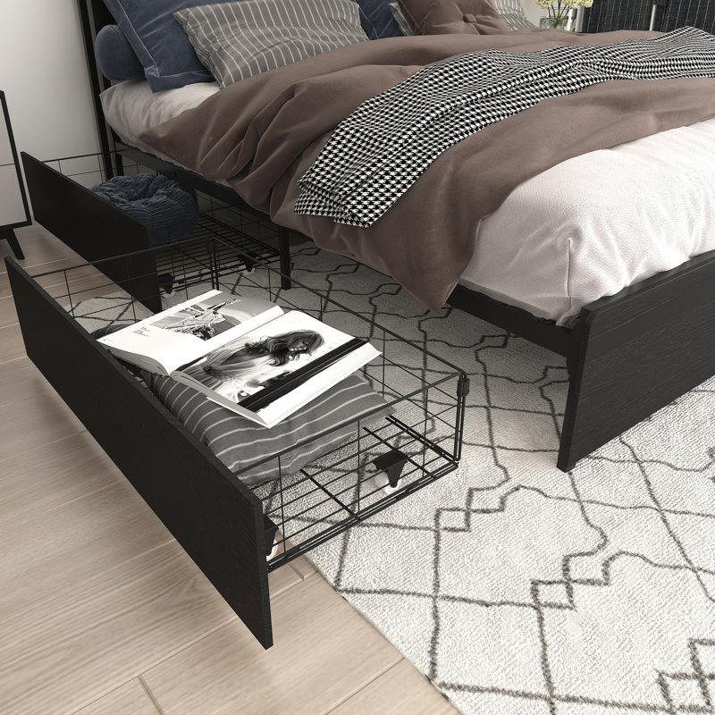 King Size Farmhouse Wooden Bed Frame, LED Lit Headboard Platform Bed with Rolling Storage Drawers for Bedroom, Black, King