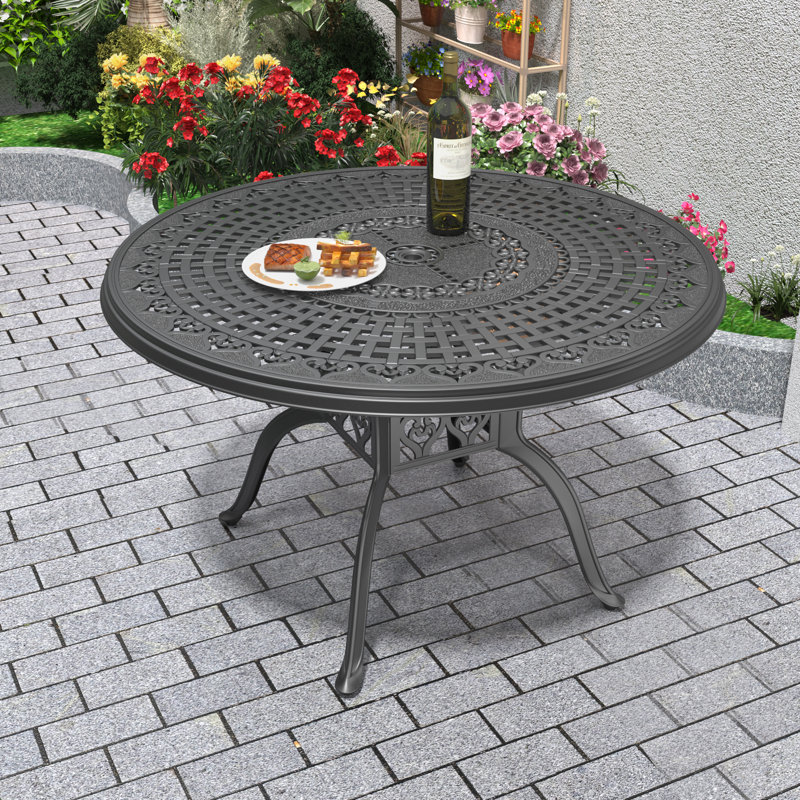 Table de jardin ronde de 120 cm de diamètre avec trou pour parasol, structure en aluminium moulé