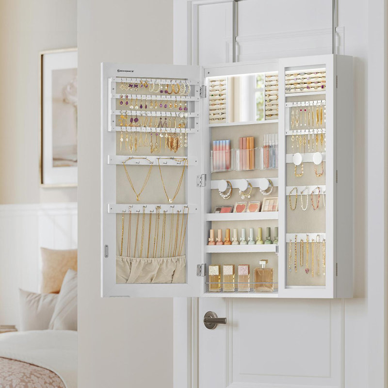 Armoire à bijoux avec miroir, DEL, fenêtre en verre, mur / porte Armory 13,8 po de largeur
