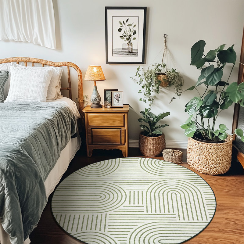 Round Rug 4 Ft Modern Abstract Stripe Rug Machine Washable Foldable Circular Carpet Non Slip Backing Non Shedding for Bedroom Nursery Living Room Green