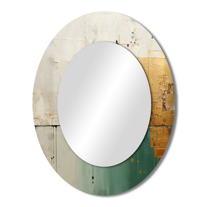 Minimalism Gold And Teal Horizon II - Abstract Oval Decorative Mirror On Metal, 43" x 33"