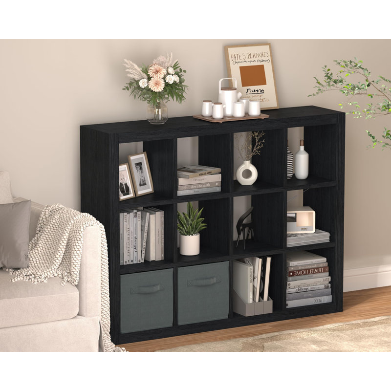 Bibliothèque furtble avec bac de rangement, organisateur de rangement à 12 cubes, bibliothèque ouverte en bois moderne, tablette multifonctionnelle pour le salon, la chambre à coucher, le bureau personnel, noir