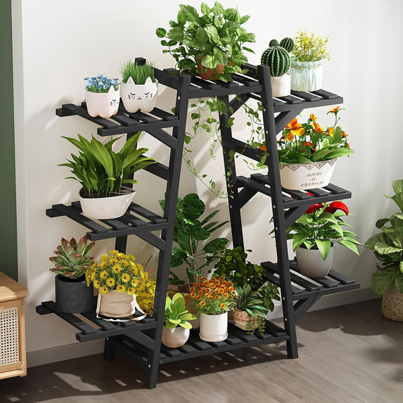 Étagère à plantes à 8 niveaux en bambou, Noir, noir, noir, noir