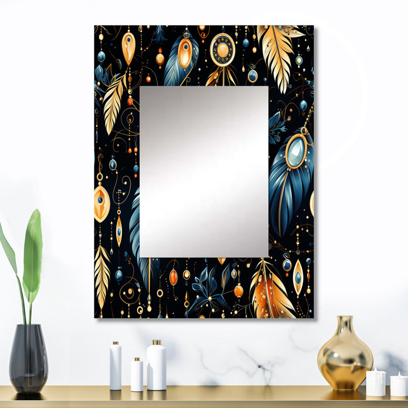 Blue Boho Chic Feathers Charms - Boho Mirror Wall Decor, 32" x 24"