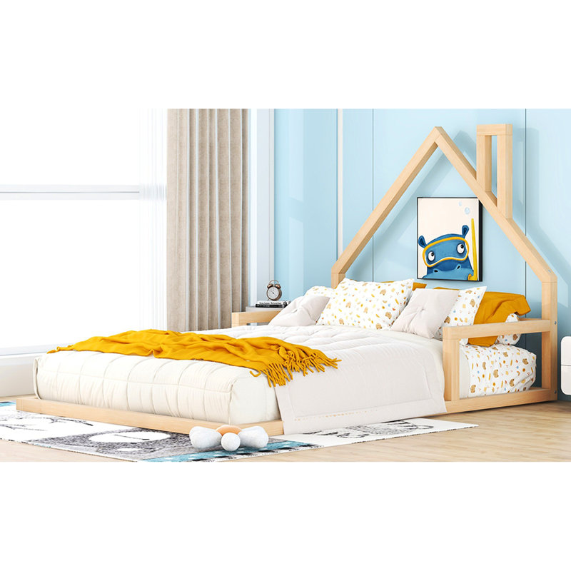 Lit à plancher naturel avec charmante tête de lit en bois massif +, sans sommier, procédure d'assemblage pratique, Lit double