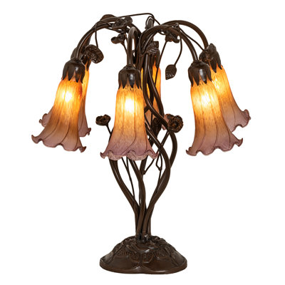 18" High Amber/Purple Tiffany Pond Lily 6 Light Table Lamp