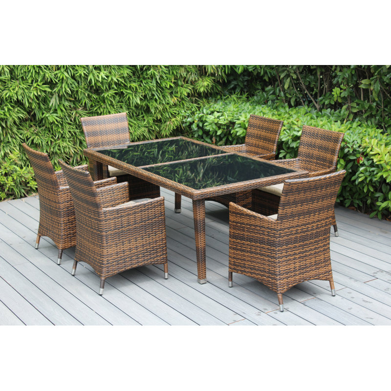 Pavior 6 - Person Wicker Patio Dining Set with Rectangular Table , Cushions Included, Antique Beige Sunbrella® Canvas
