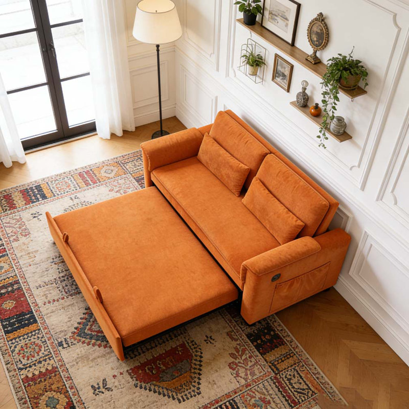 Canapé-lit coulissant 55 po à deux places en velours, dossier réglable avec ports USB, Orange