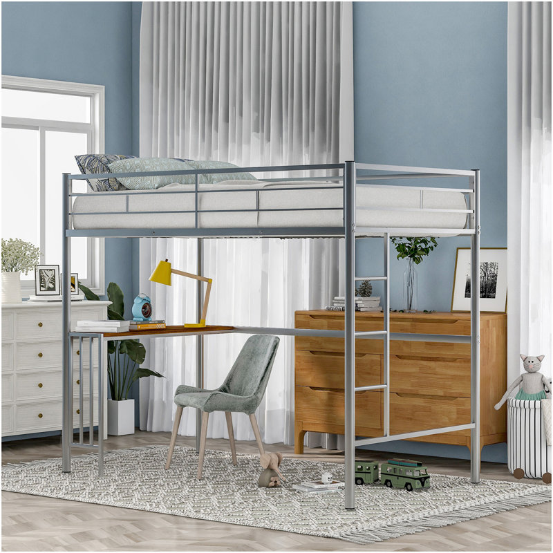 Lit mezzanine simple en métal avec bureau, échelle et garde-corps, lit mezzanine pour la chambre à coucher, argent