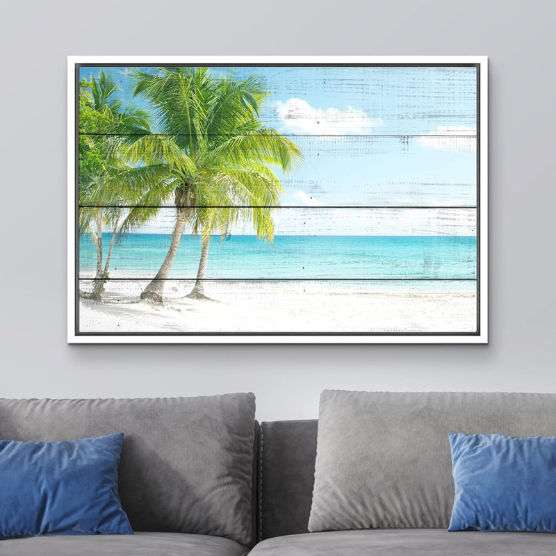 Palmier tropical, océan, paradis, effet de bois, panneaux, art moderne, rustique, H 24 po x l 36 po, Cadre flottant blanc