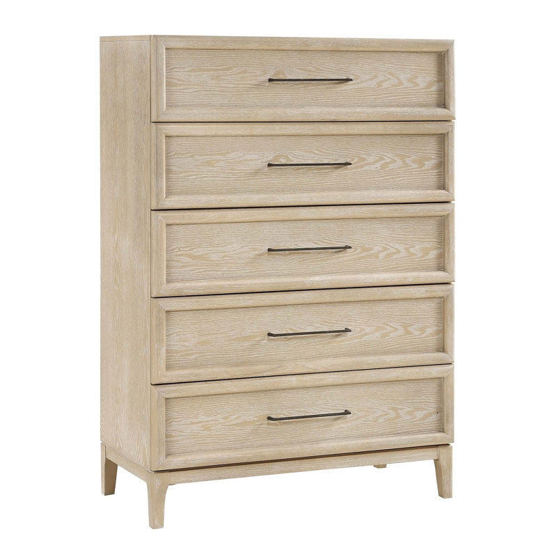 Commode de rangement contemporaine en bois avec 5 tiroirs, fabrication en queue d'aronde et glissières à roulement à billes pour les chambres modernes