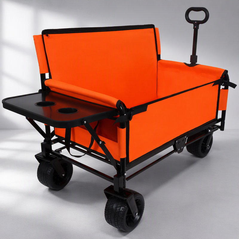 Chariot pliable convertible 3 en 1 avec banquette, plateau de table à l'arrière et roues tout-terrain pour une utilisation polyvalente à l'extérieur