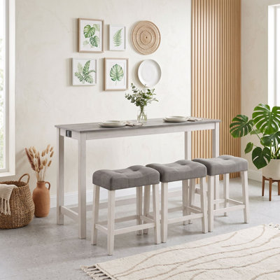 4-Piece Bar Table Set with Built-In Power Outlet and Upholstered Stools, Compact Pub Table for Kitchen, Dining