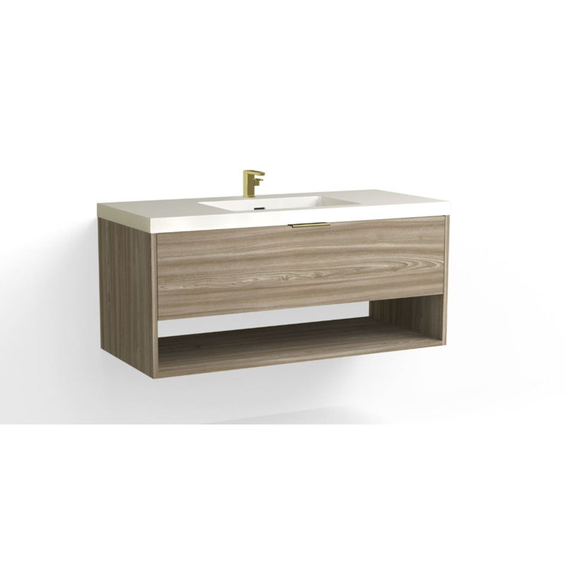 Modo 48" W Wall Mounted Single Bathroom Vanity, Matte White/8" Widespread, Satin Brass, Charred