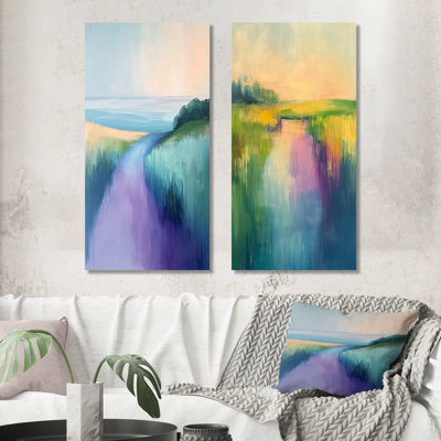Blue And Purple Dreamy Landscape Meadow I - Abstract Landscapes Wall Art 2 Pieces Set