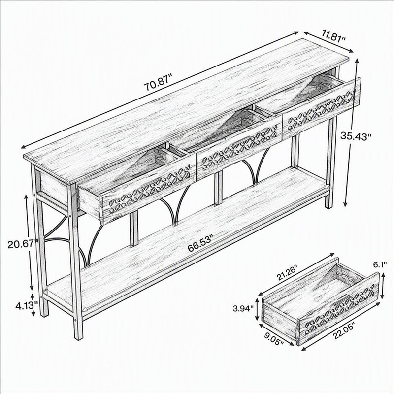 Table d'appoint 70,9 po, longue table d'appoint avec tiroirs de rangement