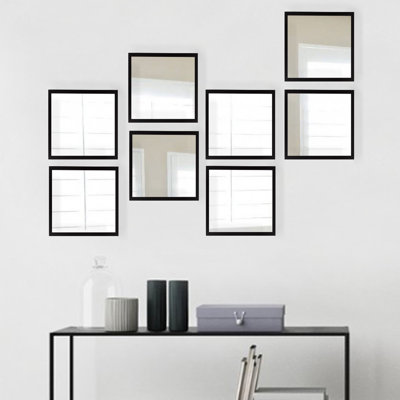 Ensemble de 8 miroirs élégants de 9,4 po x 9,4 po chacun | 100% verre avec cadre en plastique stratifié, 0,16 pouce d'épaisseur | Design élégant argent et noir, parfait pour la décoration intérieure, le salon et les vestibules