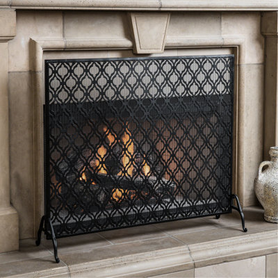 Modern Design Single Panel Iron Fire Screen, Black Color, Overlapping Circle Concept, 38.5" Depth, 11.56" Width, 34.01" Height, Protects Living Room From Embers And Ash, Assembly Tools Included