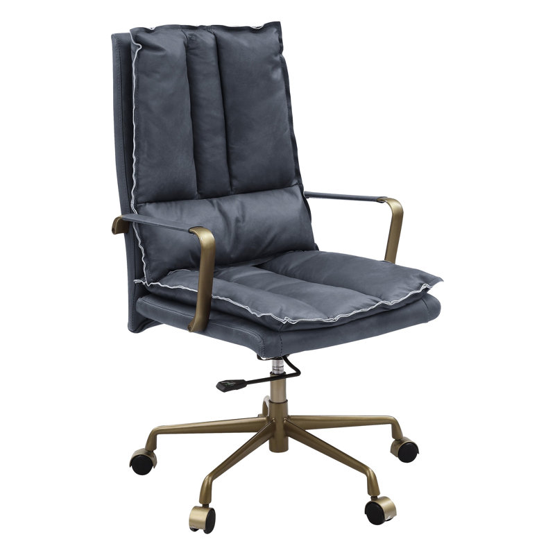 Chaise de bureau en cuir gris pivotant à 360 degrés, hauteur de siège réglable, roulettes, base à 5, coussin rare et dossier merveilleux