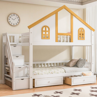 Twin Size Wooden House Roof Bunk Bed With Window Door And Roof,Storage Drawers And Staircase,White+Natural