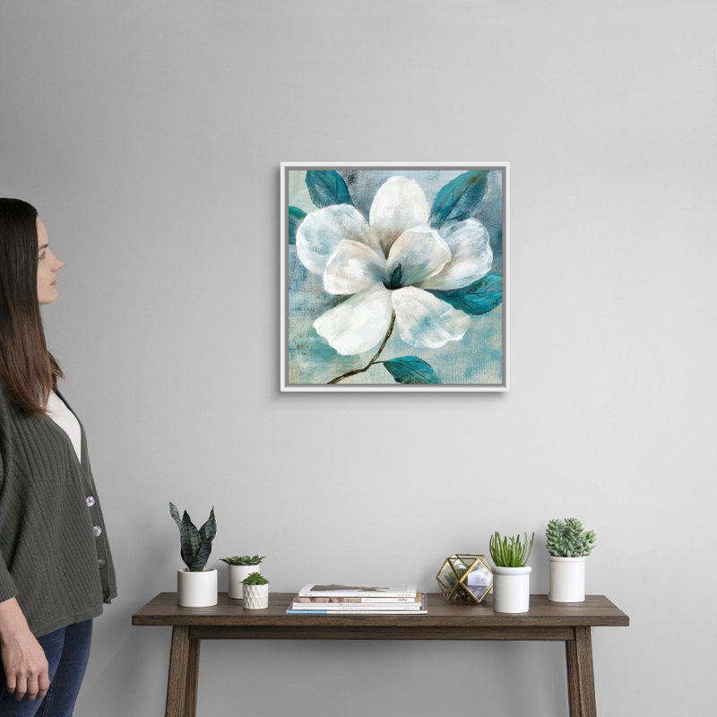 Art mural bleu sarcelle Magnolia I, H 20 po x l 20 po x P 1,25 po, Cadre blanc