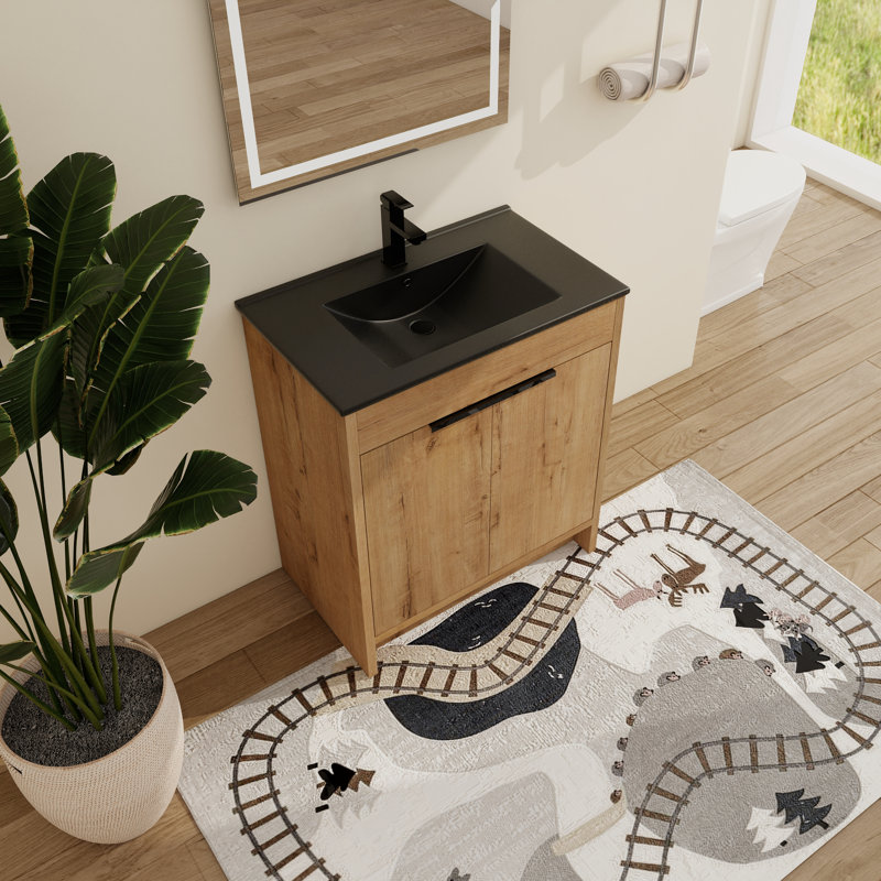 Beid  30" Freestanding Bathroom Vanity with Sink, Floor Standing Vanity with 2 Doors, Ceramic Basin Sink Top, Black, 30"