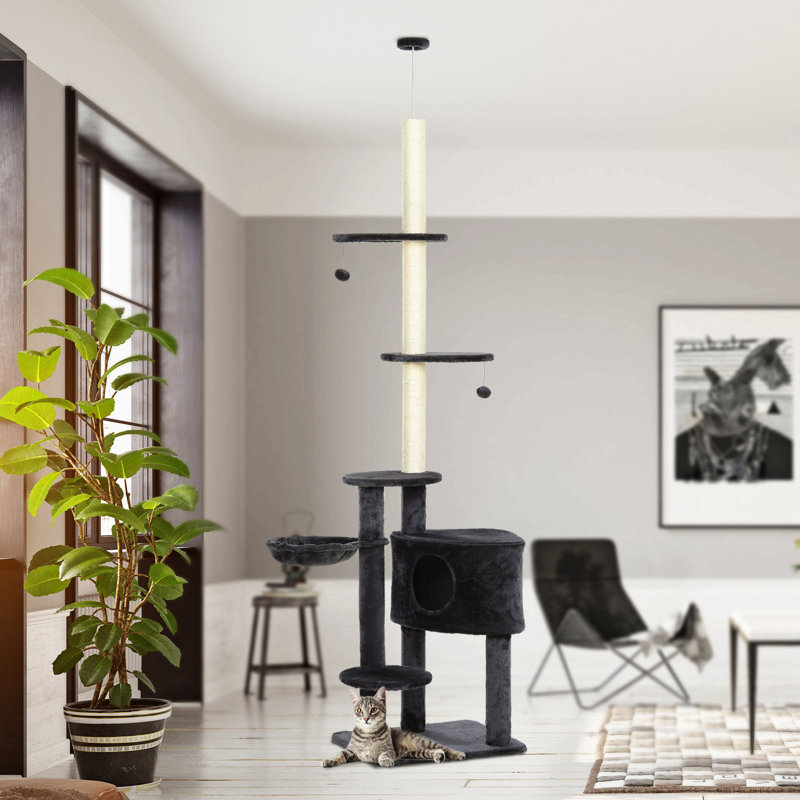 Arbre à chat à hauteur ajustable du sol au plafond avec plateformes à tapis, zones gratteuses pour condos et cordes, gris foncé