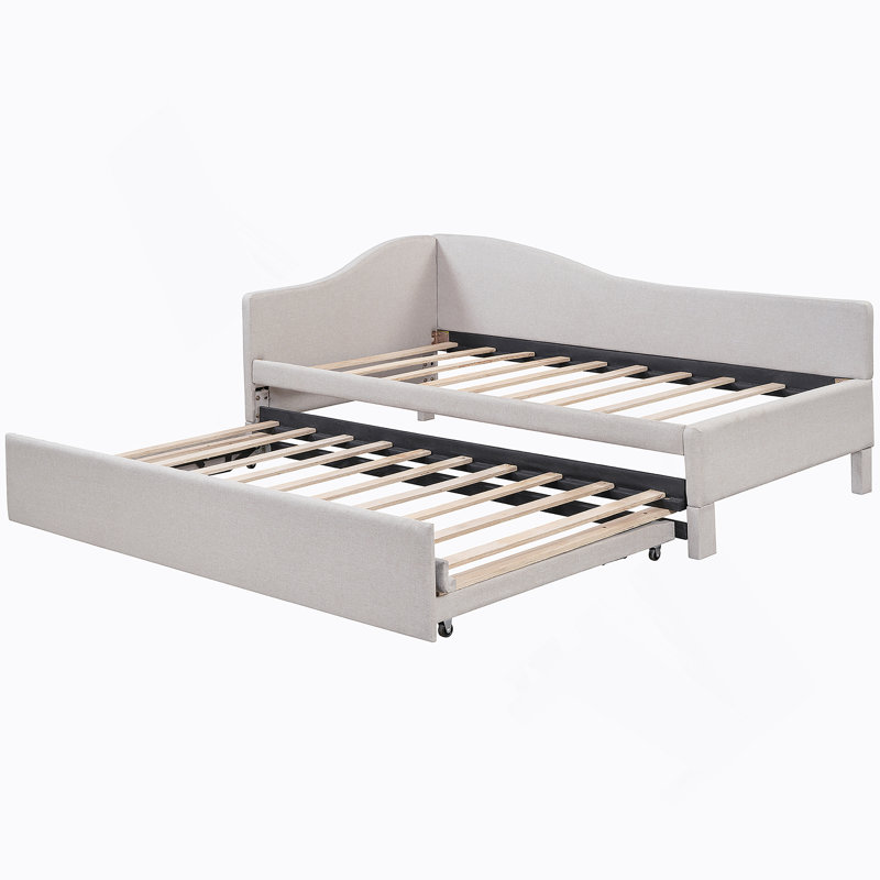 Twin Size Upholstered L-Shaped Upholstered Daybed With Pop Up Trundle, Beige, Beige