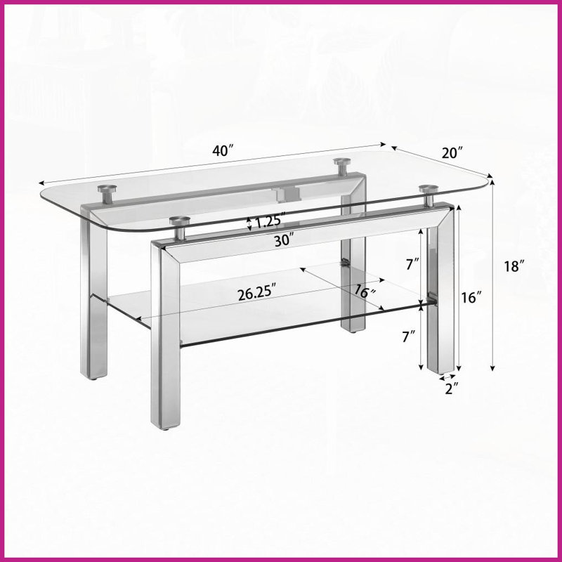 Table basse rectangulaire argentée avec pieds en miroir pour le salon, rangement à 2 niveaux Facile à nettoyer