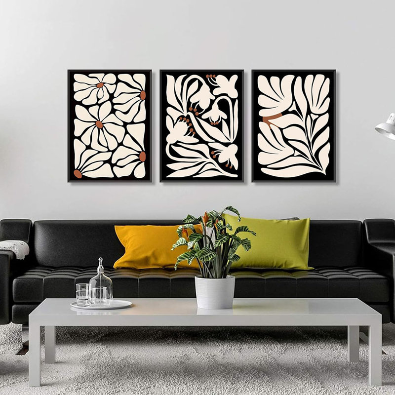 Black Boho Flowers Plant Wall Art Set Of 3, Abstract Botanical Flower Canvas Poster Minimalist Vintage Bohemian Black Beige Floral Wall Prints For Bedroom Living Room Framed 16X24 Inch