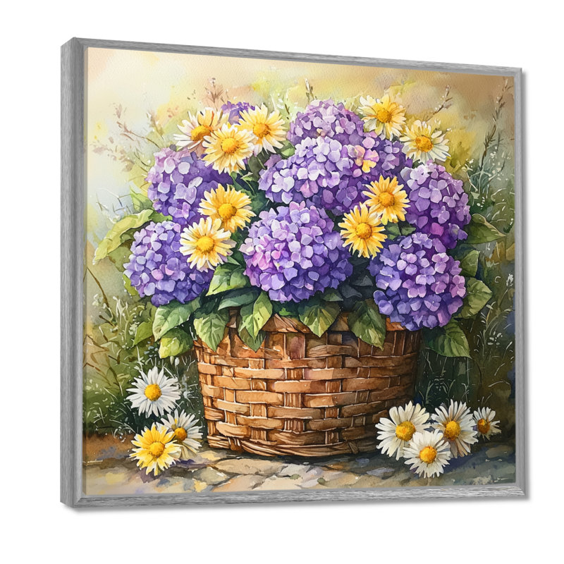 Hortensias et marguerites dans un panier - hydrangées, art mural, H 16 po x l 16 po, Impression encadrée flottante