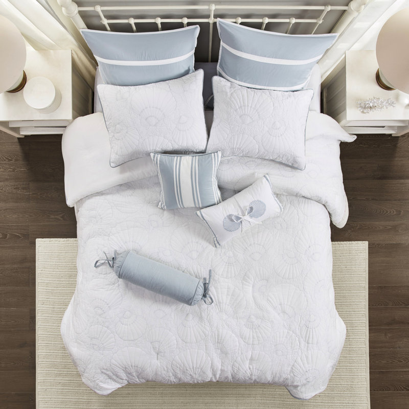 King Comforter White With Blue Shell Design For Stylish Bedroom Allergies