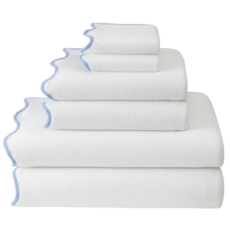 Scallop Piping 6 Piece Towel Set - 100% Zero-Twist Cotton, 620 GSM - Bath Towels, Hand Towels & Washcloths, White/Blue