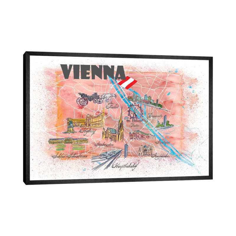 Vienna Austria Illustrated Map by Markus & Martina Bleichner - Painting on Canvas, Black Floater Framed