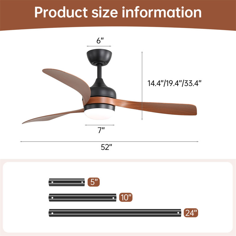 Ventilateur de plafond 52 pouces avec moteur à courant continu réversible et lumière DEL de 18 W, Noir, Brun
