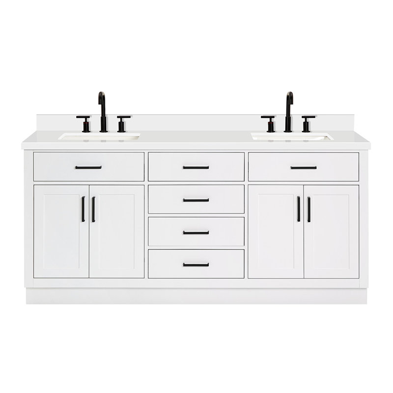 Meuble-lavabo double en bois massif 72 po Tidworth avec plateau en quartz blanc 1,5 po, Blanc, Forme rectangulaire
