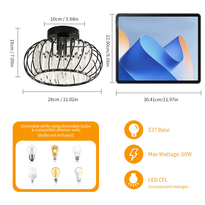 28CM Crystal Iron Small Flush Mount, Matte Black