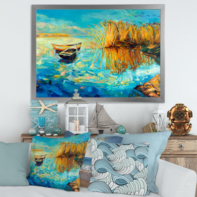 «Turquoise Lake With Orange Trees pendant le coucher du soleil», peinture sur toile