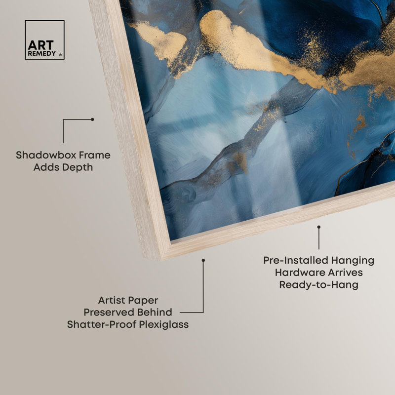 Art mural bleu foncé foncé avec texture Golden Touch I Shadowbox, H 31 po x l 46 po, Crème, crème