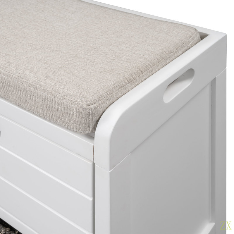 Banc de rangement avec panier amovible et 2 tiroirs, banc à chaussures entièrement assemblé avec coussin amovible, Blanc