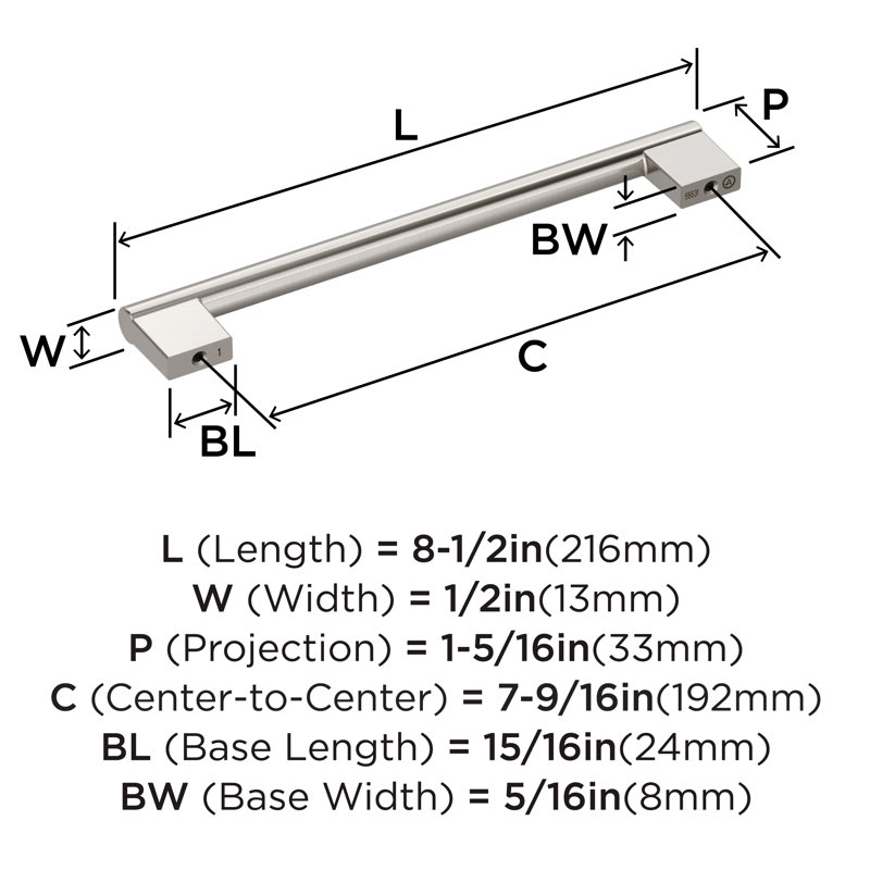 Versa 7-9/16 inch (192mm) Center-to-Center Satin Nickel Cabinet Bar Pull, 7 9/16", Satin Nickel, 1