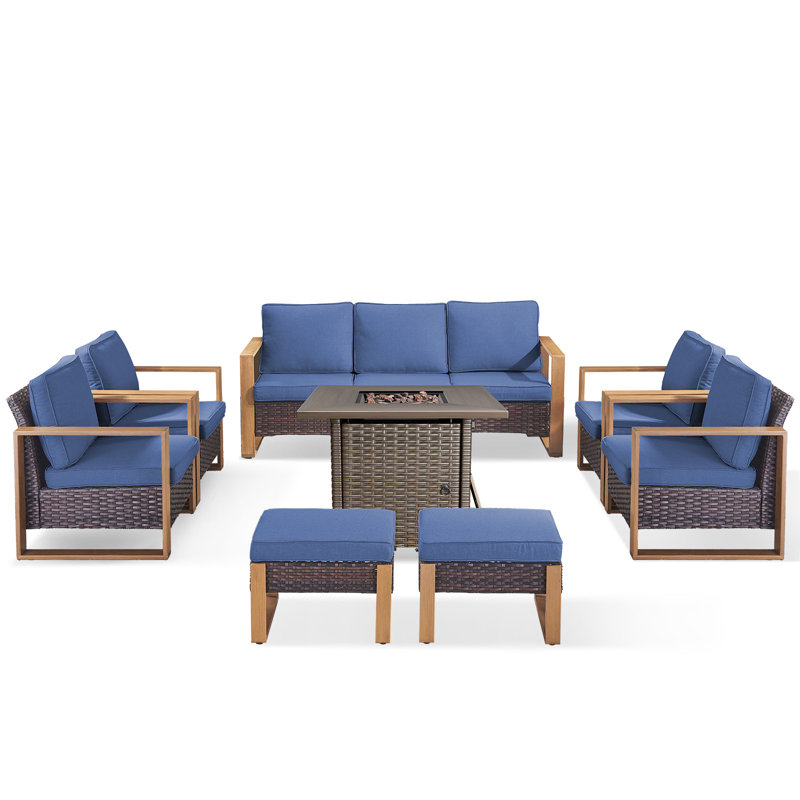 Ensemble de conversation d'extérieur carré en osier 8 pièces avec 4 fauteuils et 2 repose-pieds Palomares, Bleu, Brun