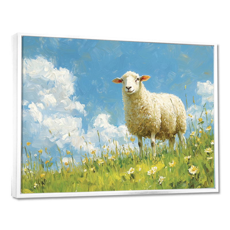 Dovenson Quiet Pasture Sheep Portrait - Sheep Wall Art, H 30 po x l 40 po, Impression encadrée flottante, Blanc