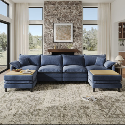 143.7'' Comfy  U Shaped Sectional Modular Deep Cloud 4-Piece Sofa with Two Ottoman- Premium Fabric