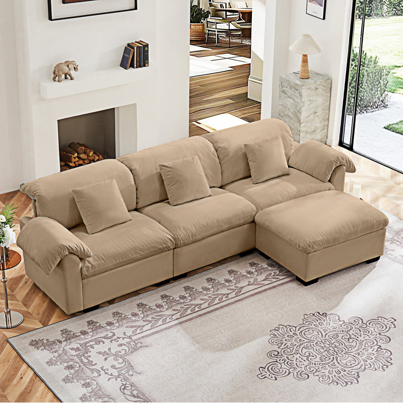 Canapé modulaire en L avec sièges de rangement, canapé moderne à 3 places avec repose-pieds réversible, Brun clair
