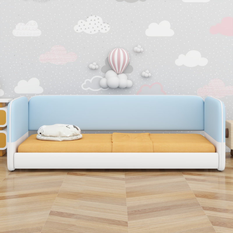 Lit à plancher bas minimaliste, tête de lit tapissier et accoudoirs, Blue