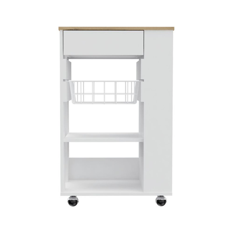 Blosson Kitchen Cart, One Drawer, Two Open Shelves, Four Casters - Light Oak, White