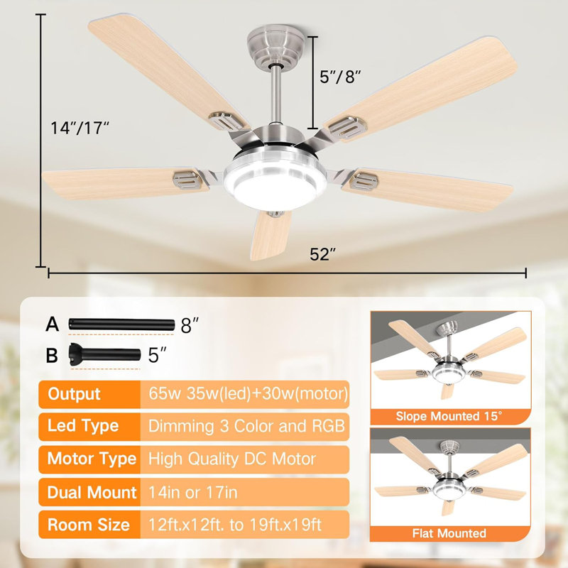 52" Ceiling Fan With Light, Remote & APP Control, Low Profile RGB Ceiling Fans Light, Reversible, 6 Speeds, 3000-6500K Stepless Dimming, Modern Ceiling Fan For Bedroom Indoor/Outdoor Use Wood