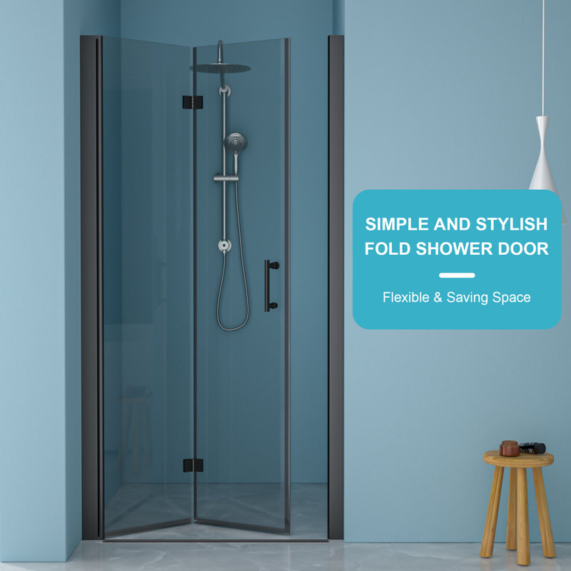 Porte de douche pliante sans cadre avec verre trempé, Noir, noir, noir, noir